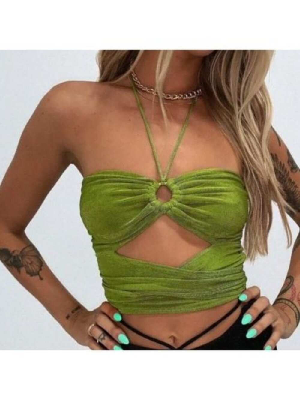 Princess Polly Green Halter Wrap Cropped Top